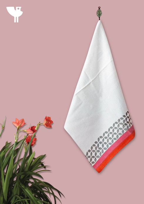 Handloom Cotton Hand Towel With Block Print Border